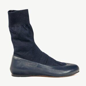 Tibi Borg Navy Leather Flat Sock Boots